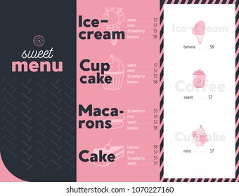 Modern dessert menu for restaurant identity. Design template with doodle sweet elements cake, macarons, cupcake, ice-cream.