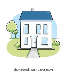 Modern detached family house with traditional roof design. Hand drawn colored cartoon sketch vector illustration. 