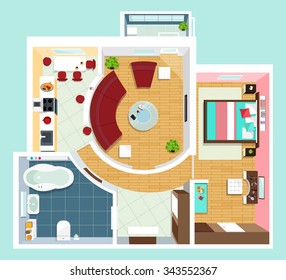 Modern Detailed Floor Plan For Apartment With Furniture. Top View Of Apartment. Vector Flat Projection.