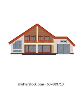 Modern detailed house or villa front view. Contemporary real estate vector illustration. Residential building exterior isolated on white background.