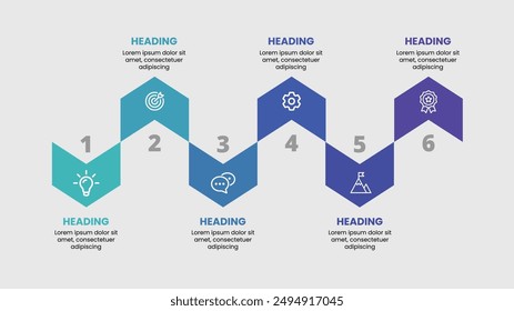 Modern and detailed presentation template with an arrow design, showcasing 6 steps or options with relevant icons. Vector illustration.