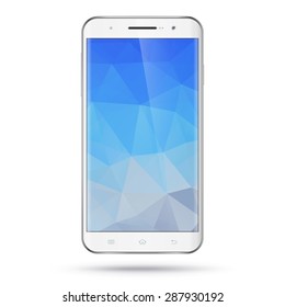 Modern detailed realistic white smartphone, mobile phone, cellphone vector mockup. Blank polygonal screen. Isolated on white background