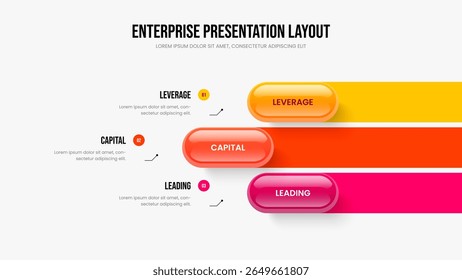 Modern Development Three Element Infographic Presentation Design. Financial Report Frame Layout Vector Illustration. Product Campaign 3 Step Diagram Slide Template.