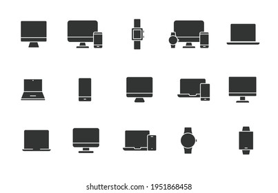 Modern Device Glyph Icon Set. Simple Solid Style For Web Sites And Mobile App. Computer, Laptop, Pc, Phone, Mobile Concept. Vector Illustration Isolated On A White Background. EPS 10