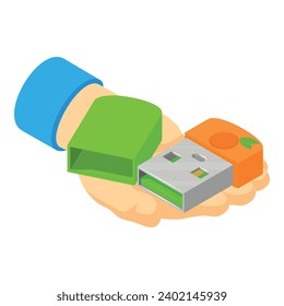 Modern device icon isometric vector. Bright portable flash drive in human hand. Storage device, modern technology