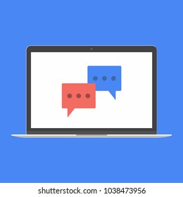 Modern device - laptop, computer or netbook pc flat design with chat bubbles on the screen icon vector illustration. No keybord technology concept of chatting on screen isolated on blue background