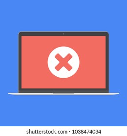 Modern device - laptop, computer or netbook pc flat design with check mark cross x on the screen icon vector illustration. No keybord technology concept of error on screen isolated on blue background