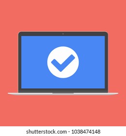 Modern device - laptop, computer or netbook pc flat design with check mark tick OK on the screen icon vector illustration. No keybord technology concept of error on screen isolated on blue background