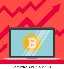 Modern device - laptop, computer or netbook pc flat design with bitcoin sign symbol on the screen icon vector illustration. No keybord technology concept of error on screen in front of red arrows up.