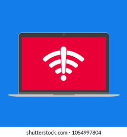 Modern Device - Laptop, Computer Or Netbook Pc Flat Design With No Wifi Symbol Icon Sign Vector Illustration. No Keybord Technology Concept Of Bad Free Wireless Wi-fi At Home Isolated Blue Background.