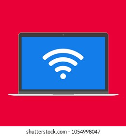 Modern device - laptop, computer or netbook pc flat design with wifi symbol on the screen icon vector illustration. No keybord technology concept of free wireless wi-fi at home isolated red background