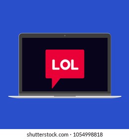 Modern device - laptop, computer or netbook pc flat design with LOL word on the screen icon vector illustration. No keybord technology concept of chatting at home isolated on red background.