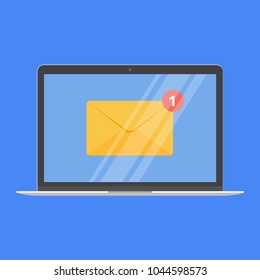 Modern device - laptop, notebook, netbook pc flat design with new message envelope on the screen icon vector illustration. No keybord technology concept of postal email sending and recieving letters.