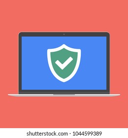 Modern device - laptop, notebook, netbook pc flat design with check mark tick and shield on the screen icon vector illustration. No keybord technology concept of protection isolated on red background
