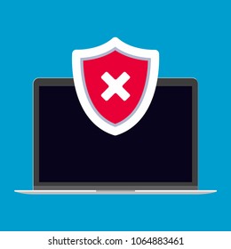 Modern device - laptop, notebook, netbook pc flat design with check mark cross X in the shield popped on screen icon vector illustration. Technology concept of protection isolated on blue background