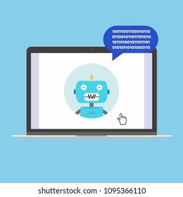 Modern device - laptop, notebook, netbook pc flat design with chat bot speak in the bubble popped on screen icon vector illustration. Technology concept of online chatting isolated on blue background.