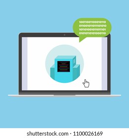 Modern device - laptop, notebook, netbook pc flat design with chat bot speak in the bubble popped on screen icon vector illustration. Technology concept of online chatting isolated on blue background
