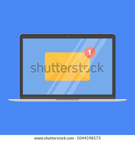 Modern device - laptop, notebook, netbook pc flat design with new message envelope on the screen icon vector illustration. No keybord technology concept of postal email sending and recieving letters.