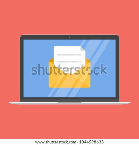 Modern device - laptop, notebook, netbook pc flat design with new message open envelope and paper icon vector illustration. No keybord technology concept of postal email sending and recieving letters.