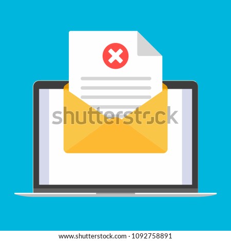 Modern device - laptop, notebook, netbook pc flat design with new message open envelope and check mark cross icon vector illustration. technology concept of postal email sending and recieving letters.