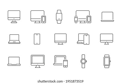 Modern device line icon set. Simple outline style for web sites and mobile app. Computer, laptop, pc, phone, mobile concept. Vector illustration isolated on a white background. EPS 10