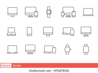 Modern device line icon set. Simple outline style for web sites and mobile app. Computer, laptop, pc, phone, mobile concept. Vector illustration isolated on a white background. Editable stroke EPS 10