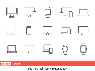 Modern device line icon set. Simple outline style for web sites and mobile app. Computer, laptop, pc, phone, mobile concept. Vector illustration isolated on a white background. Editable stroke EPS 10