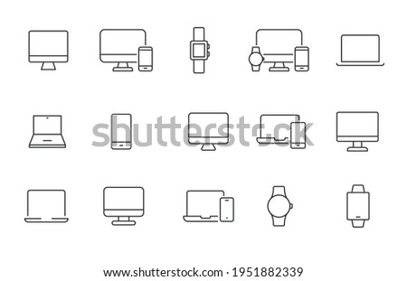 Modern device line icon set. Simple outline style for web sites and mobile app. Computer, laptop, pc, phone, mobile concept. Vector illustration isolated on a white background. EPS 10