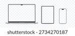 Modern Device Mockup Set with Laptop, Tablet and Smartphone, Front View Screens for UI UX Design, App Demo, Responsive Website and Digital Presentation Vector Illustration