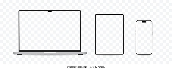 Maqueta de dispositivo moderno con computadora portátil, tableta y teléfono inteligente, pantallas de vista frontal para diseño UI UX, demostración de App, Sitio web receptivo y Ilustración vectorial de presentación digital