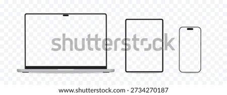 Modern Device Mockup Set with Laptop, Tablet and Smartphone, Front View Screens for UI UX Design, App Demo, Responsive Website and Digital Presentation Vector Illustration