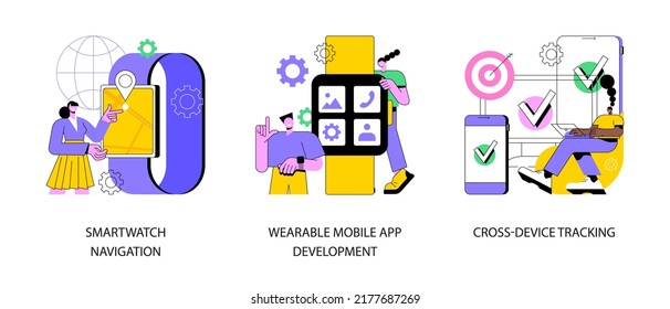 Modern devices abstract concept vector illustration set. Smartwatch navigation, wearable mobile app development, cross-device tracking, smart tracker, GPS watch, user profile abstract metaphor.