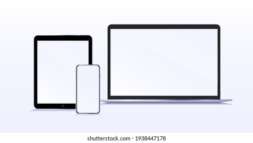 Dispositivos modernos con pantallas en blanco. El smartphone de la laptop y la maqueta de la tablet con pantalla en blanco aislada en segundo plano. Concepto. Ilustración del vector 