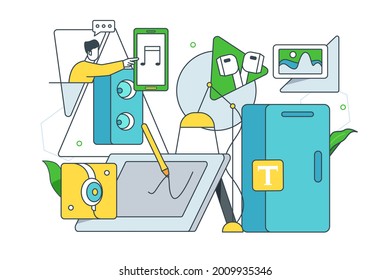 Dispositivos modernos para la conexión. smartphone vectorial, tablet gráfica, auriculares inalámbricos, estilo de arte de la línea del portátil. Concepto de tecnología