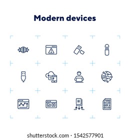 Modern devices icons. Set of line icons on white background. Web site, telephone, global. Technology concept. Vector illustration can be used for topics like progress, internet, worldwide
