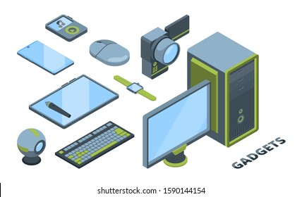 Modern devices isometric 3D vector illustrations set. Electronic gadgets isolated cliparts pack. Smartphone, personal computer, digital tablet. Smartwatch, video camera, music player