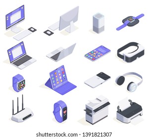 Modern devices isometric icons collection with sixteen isolated images of computers periphereals and various consumer electronics vector illustration