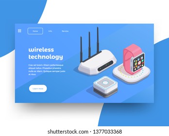 Modern devices isometric website page design background with images of smart watches wifi router with text vector illustration