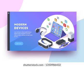 Modern devices isoometric web page design background with clickable learn more button text and colourful images vector illustration