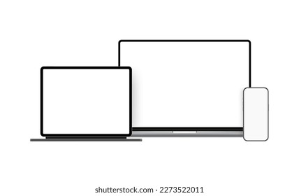 Modern Devices, Laptop, Tablet Computer With Keyboard Stand, Smartphone, Front View, Isolated on White Background. Vector Illustration