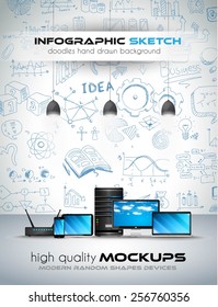 Modern Devices maquete com fundo Conceito com esboços gráficos. Muitos infográficos desenhados à mão e elementos de design relacionados estão incluídos, além de lâmpada brilhante 3D.