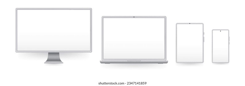 Modern devices mockup, premium computer monitor, laptop screen and smartphone gadgets electronic devices set. Notebook and tablet and mobile phone realistic vector illustration