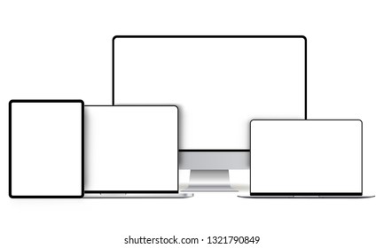 Los dispositivos modernos se mofan con pantallas sin marco en blanco: monitor de ordenador, portátil, tableta. Ilustración del vector