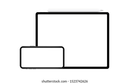 Modern devices mockups with blank screens: tablet computer with stylus, smartphone. Vector illustration