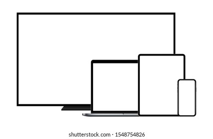 Modern devices mockups with blank screens: TV, laptop, tablet computer, mobile phone. Vector illustration