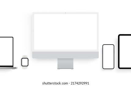 Modern Devices Mockups With Blank Screens. Monitor, Laptop, Tablet, Phone, Smart Watch. Vector Illustration