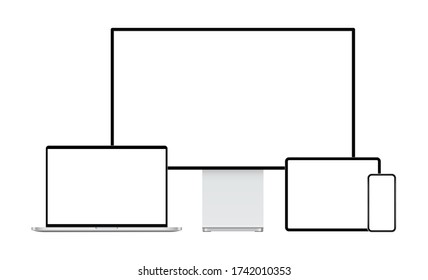 Modernas maquetas: PC de escritorio, laptop, tablet, teléfono móvil. Ilustración del vector