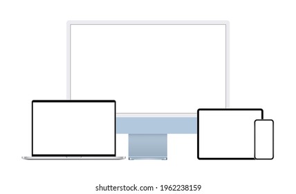 Aparatos modernos: Computadora de escritorio, portátil, Tablet PC, teléfono móvil. Ilustración vectorial