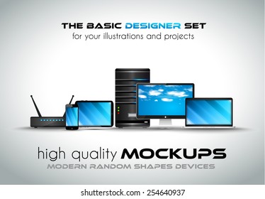 Modern devices mockups for your business projects. Set of laptop, desktop computer, server, modem router, tablet and smartphone with generic look.