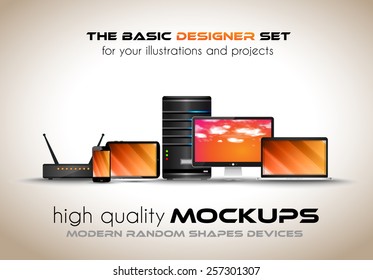 Modern devices mockups for your business projects. Set of laptop, desktop computer, server, modem router, tablet and smartphone with generic look.